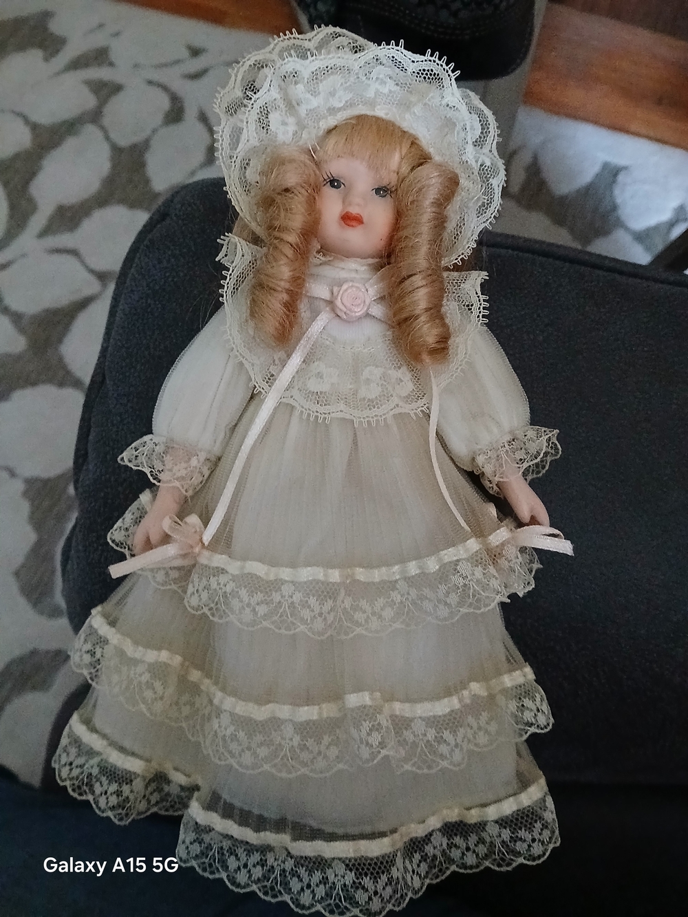 Vintage Porcelain Doll in Ivory Lace Dress